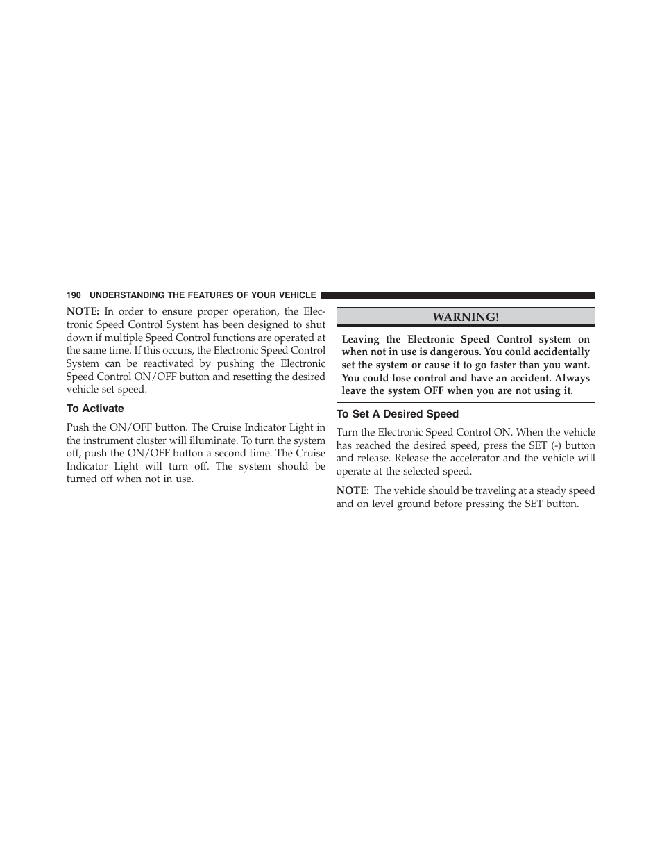 To activate, To set a desired speed | Chrysler 2013 200 Convertible - Owner Manual User Manual | Page 192 / 519