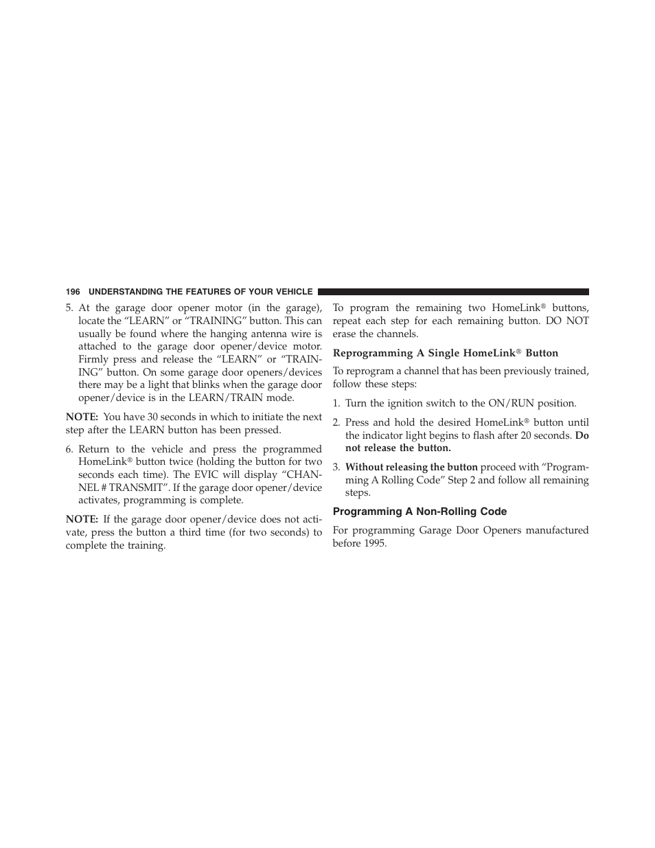 Reprogramming a single homelink button, Programming a non-rolling code | Chrysler 2013 200 Convertible - Owner Manual User Manual | Page 198 / 519