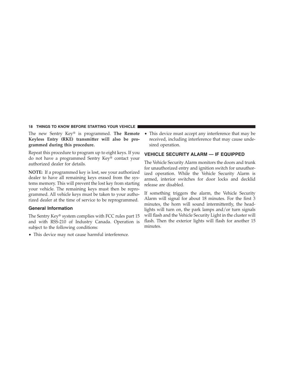 General information, Vehicle security alarm — if equipped, Vehicle security alarm | If equipped | Chrysler 2013 200 Convertible - Owner Manual User Manual | Page 20 / 519