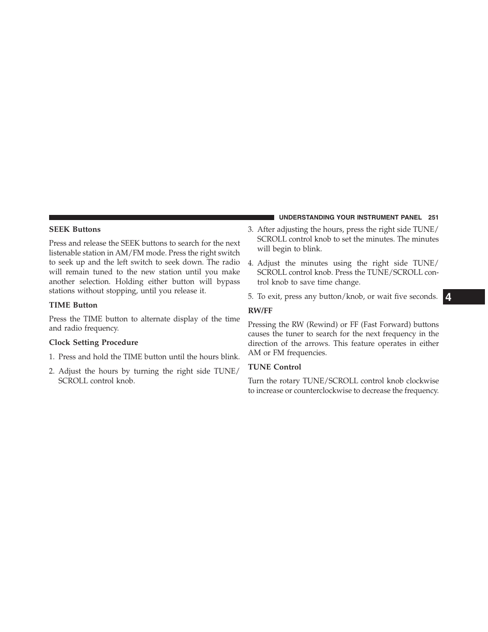 Seek buttons, Time button, Clock setting procedure | Rw/ff, Tune control | Chrysler 2013 200 Convertible - Owner Manual User Manual | Page 253 / 519