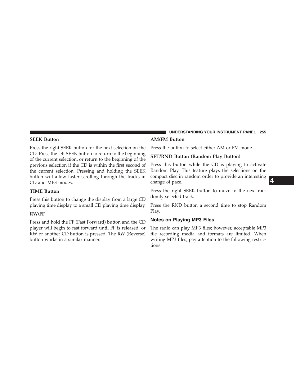 Seek button, Time button, Rw/ff | Am/fm button, Set/rnd button (random play button), Notes on playing mp3 files | Chrysler 2013 200 Convertible - Owner Manual User Manual | Page 257 / 519
