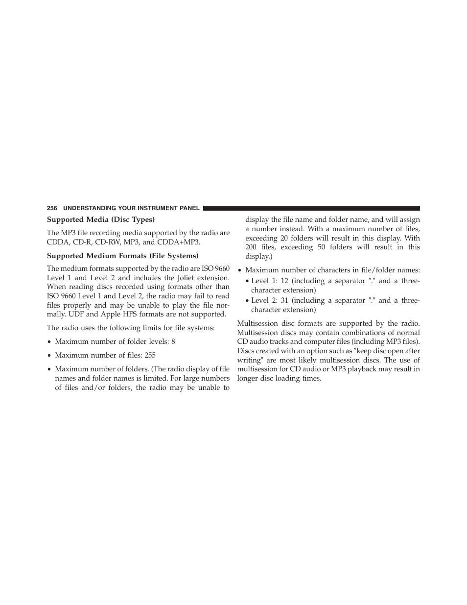 Supported media (disc types), Supported medium formats (file systems) | Chrysler 2013 200 Convertible - Owner Manual User Manual | Page 258 / 519