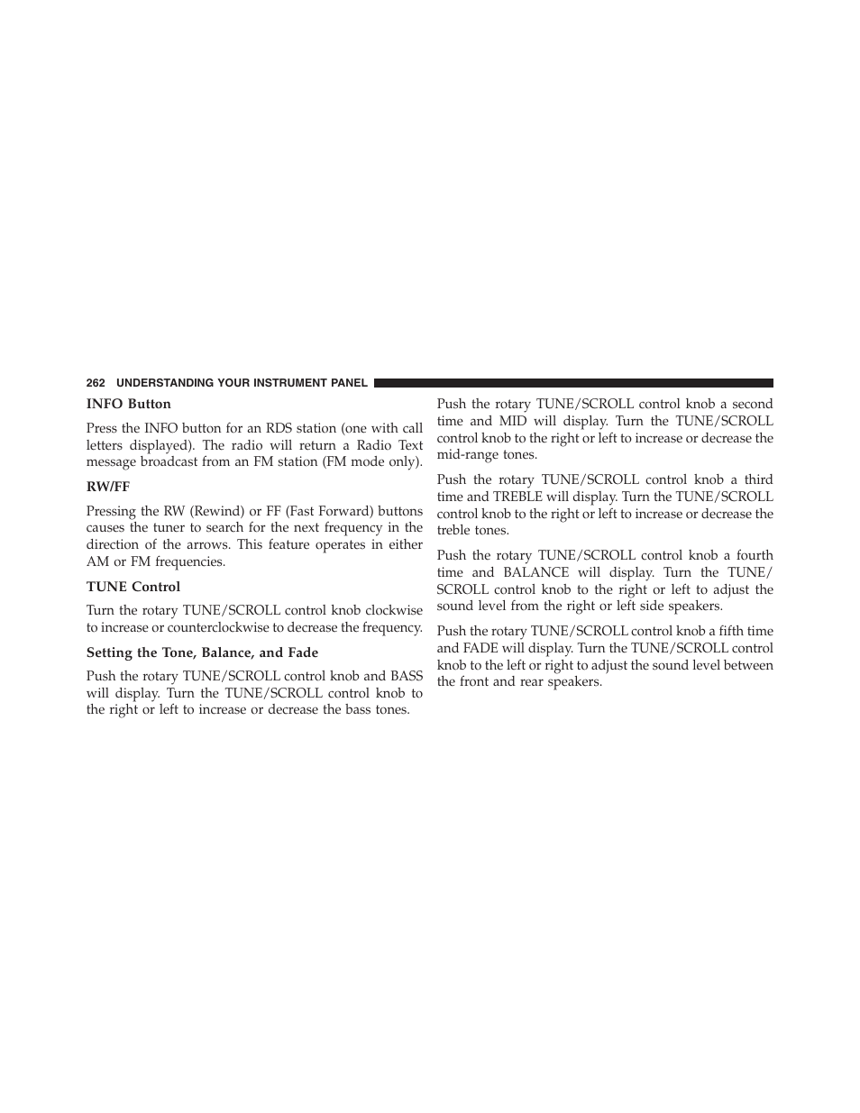 Info button, Rw/ff, Tune control | Setting the tone, balance, and fade | Chrysler 2013 200 Convertible - Owner Manual User Manual | Page 264 / 519