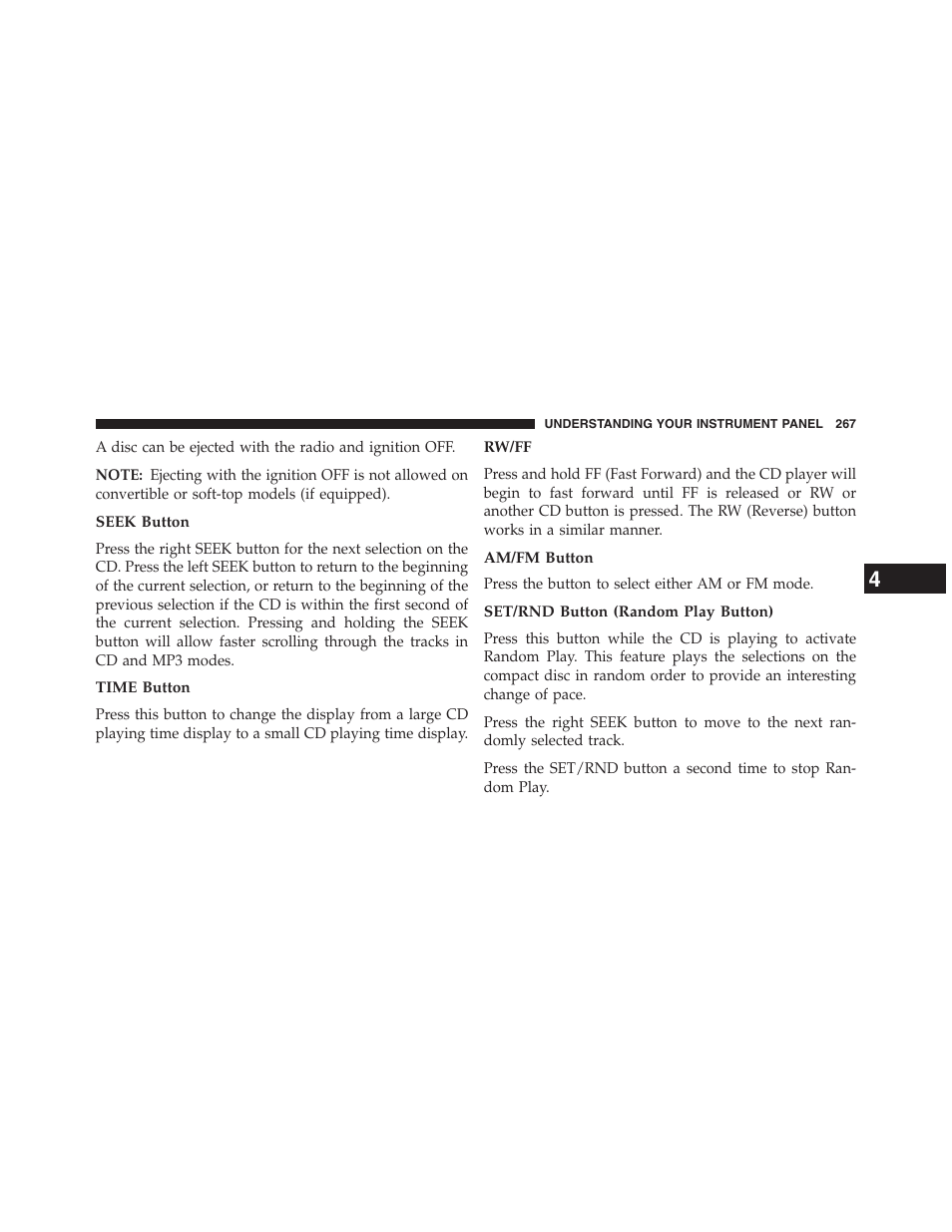 Seek button, Time button, Rw/ff | Am/fm button, Set/rnd button (random play button) | Chrysler 2013 200 Convertible - Owner Manual User Manual | Page 269 / 519
