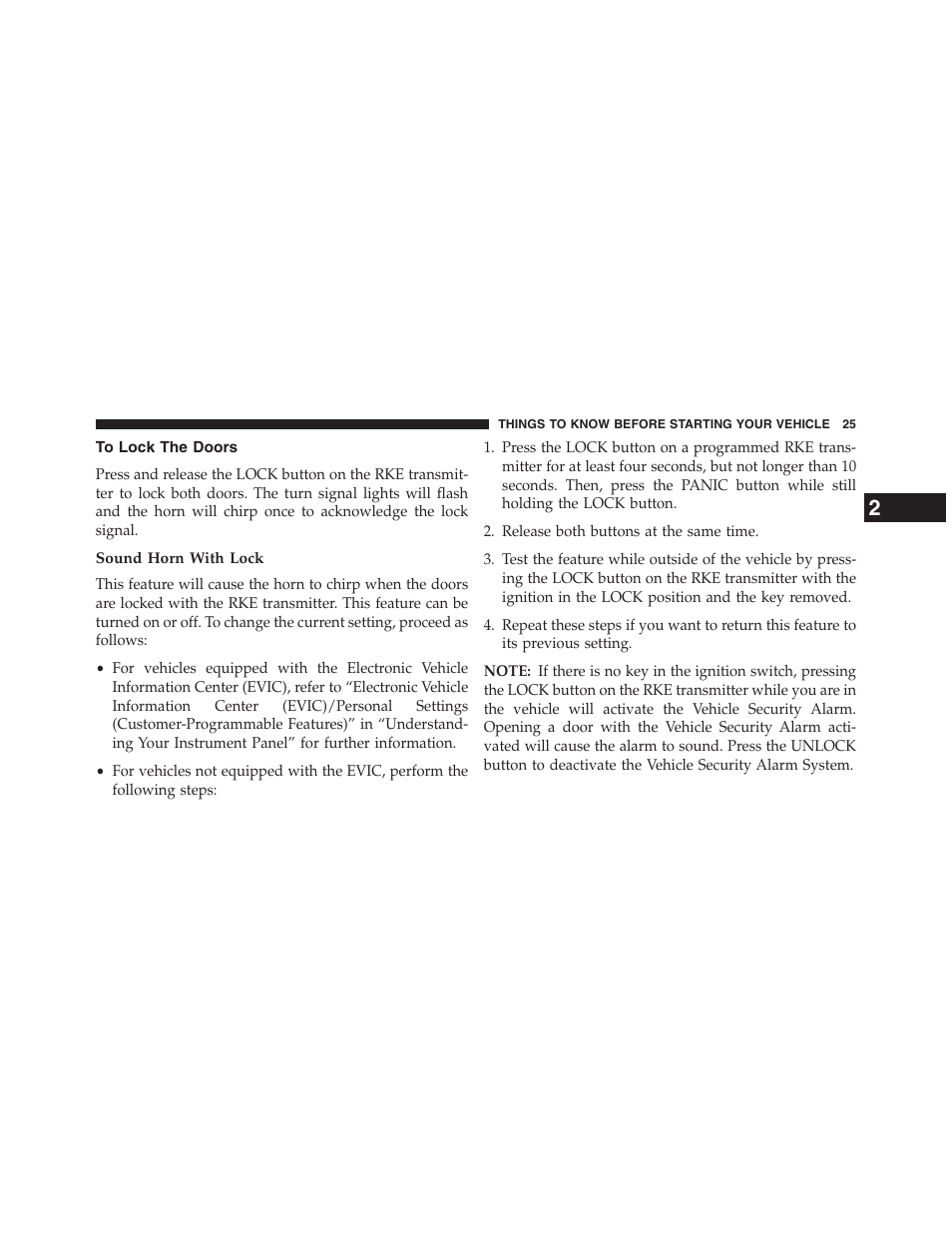 To lock the doors, Sound horn with lock | Chrysler 2013 200 Convertible - Owner Manual User Manual | Page 27 / 519