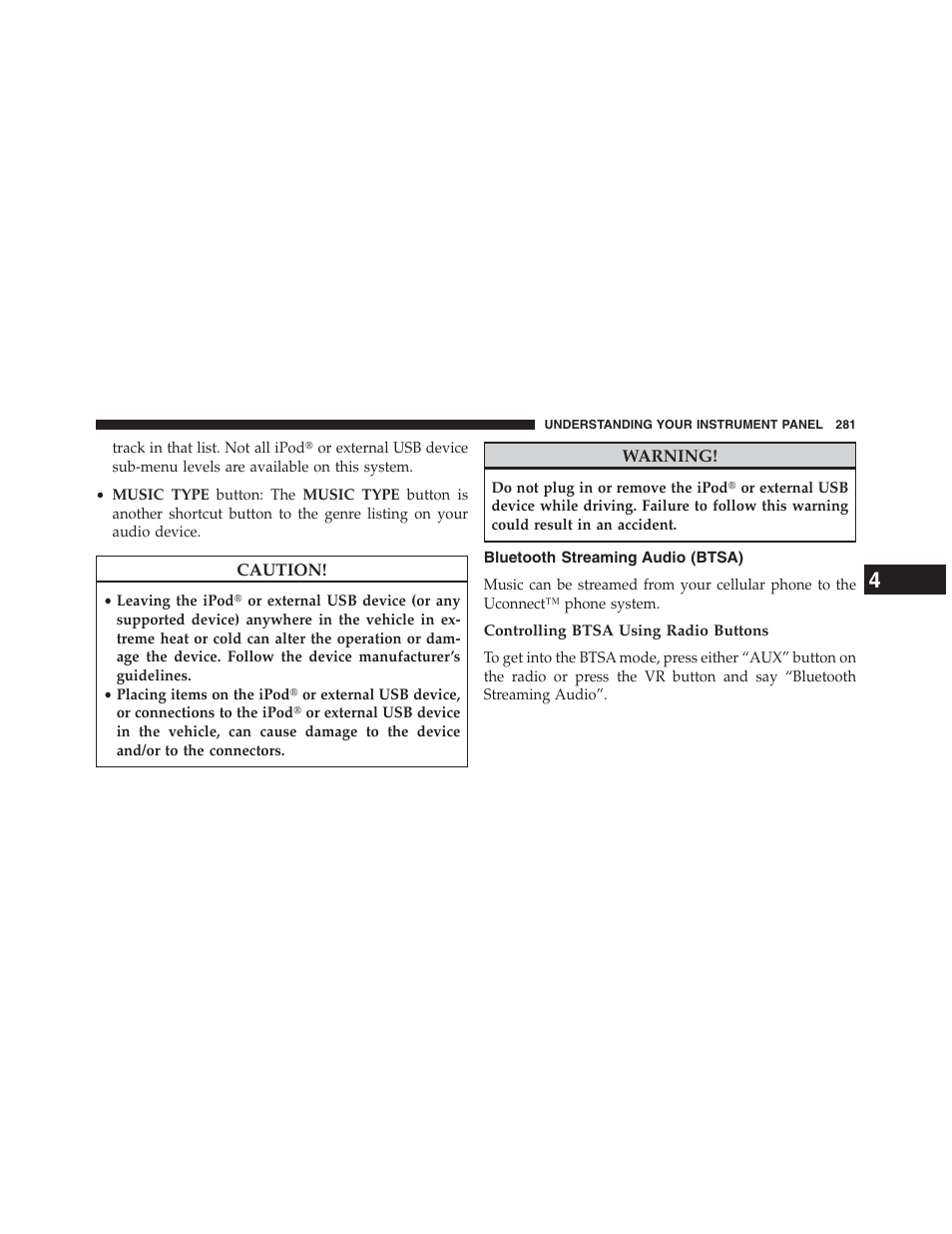 Bluetooth streaming audio (btsa), Controlling btsa using radio buttons | Chrysler 2013 200 Convertible - Owner Manual User Manual | Page 283 / 519