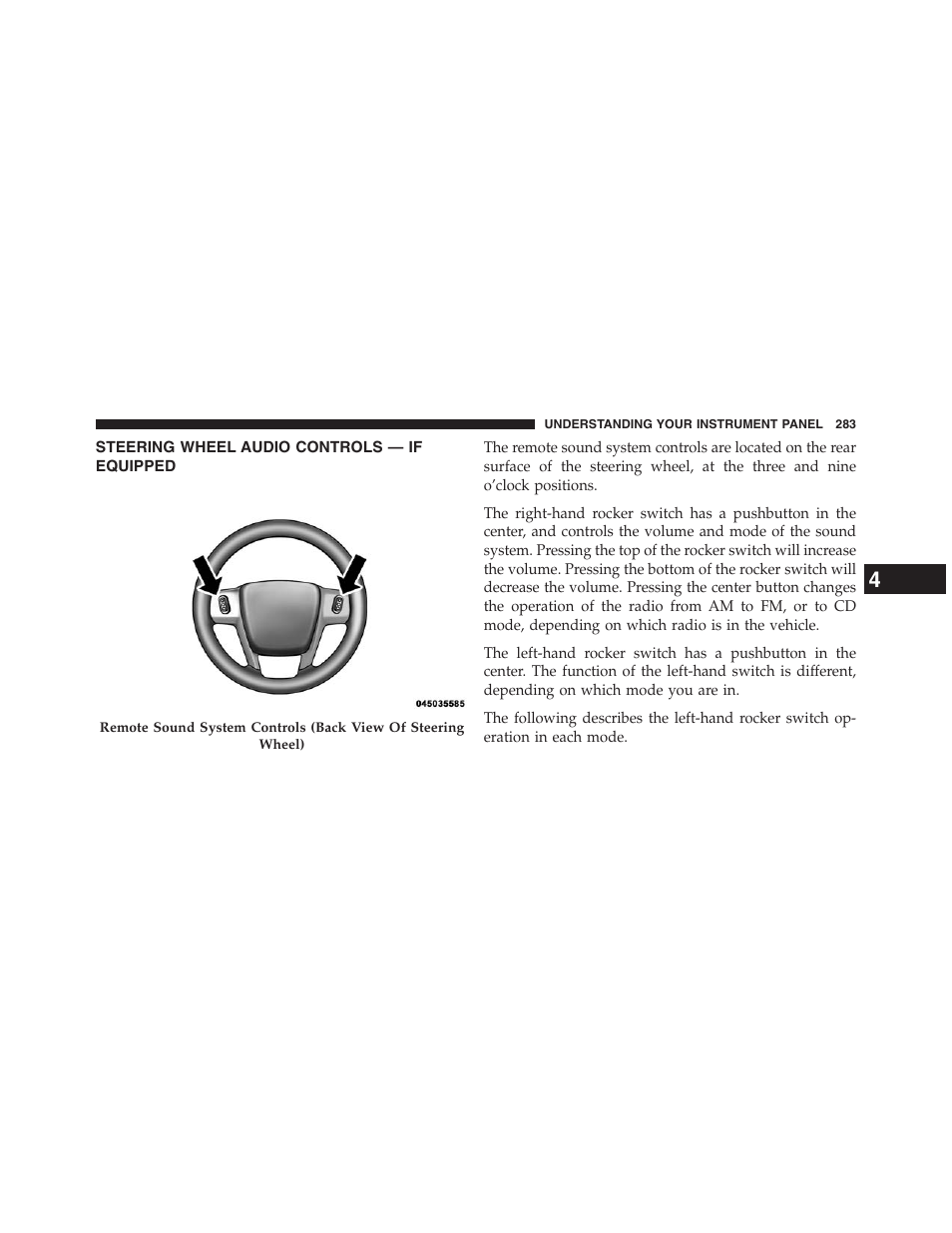 Steering wheel audio controls — if equipped, Steering wheel audio controls — if, Equipped | Chrysler 2013 200 Convertible - Owner Manual User Manual | Page 285 / 519