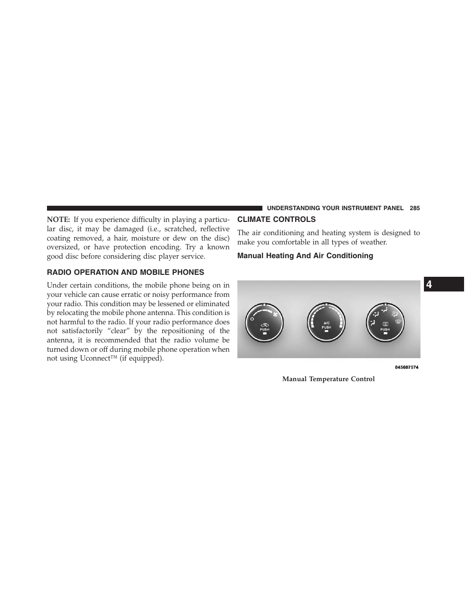 Radio operation and mobile phones, Climate controls, Manual heating and air conditioning | Chrysler 2013 200 Convertible - Owner Manual User Manual | Page 287 / 519