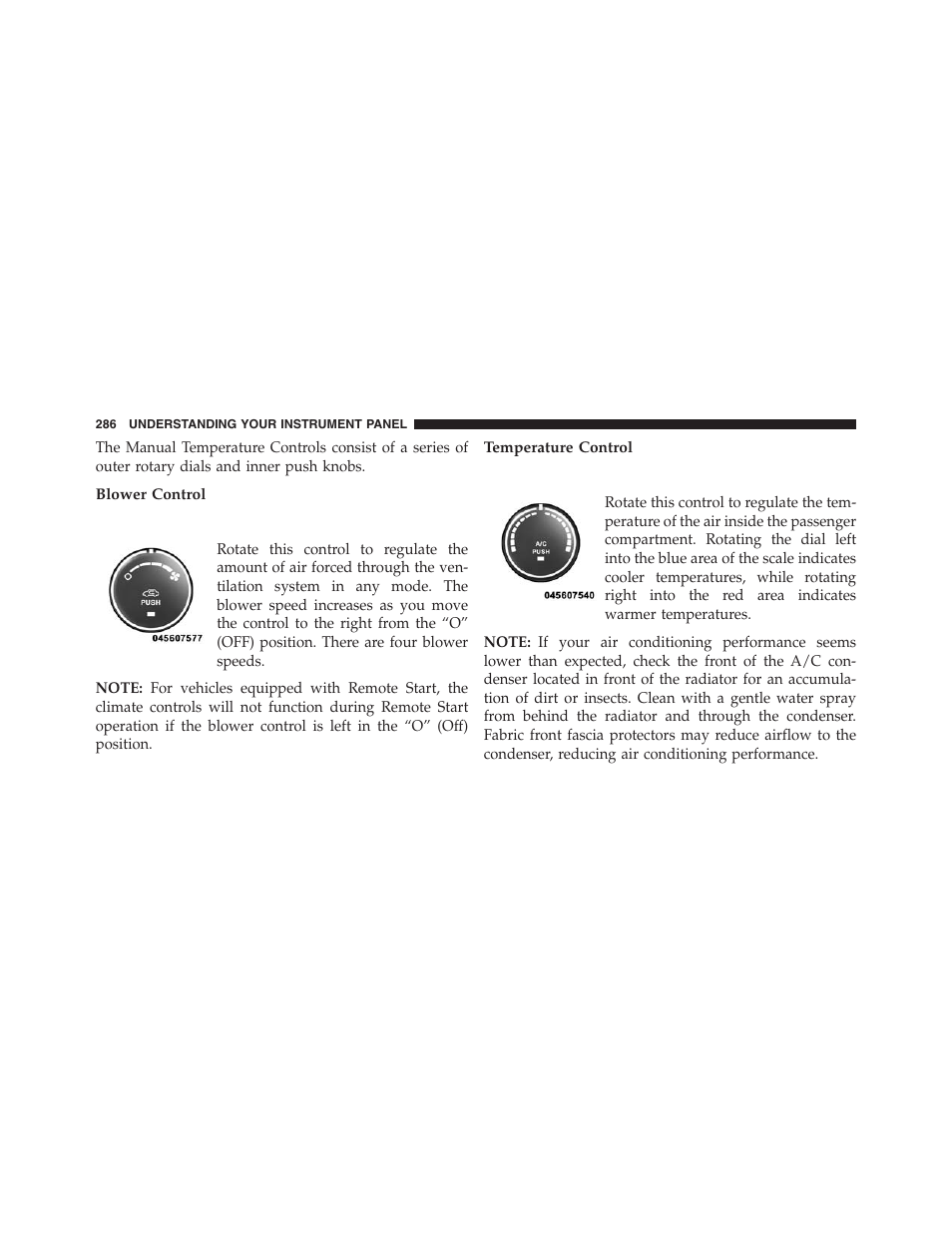 Blower control, Temperature control | Chrysler 2013 200 Convertible - Owner Manual User Manual | Page 288 / 519
