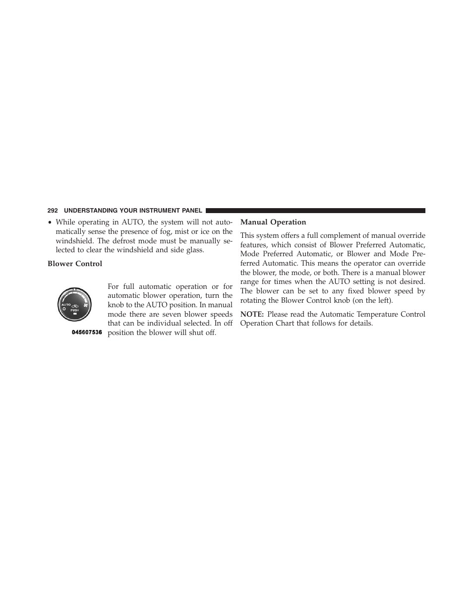 Blower control, Manual operation | Chrysler 2013 200 Convertible - Owner Manual User Manual | Page 294 / 519