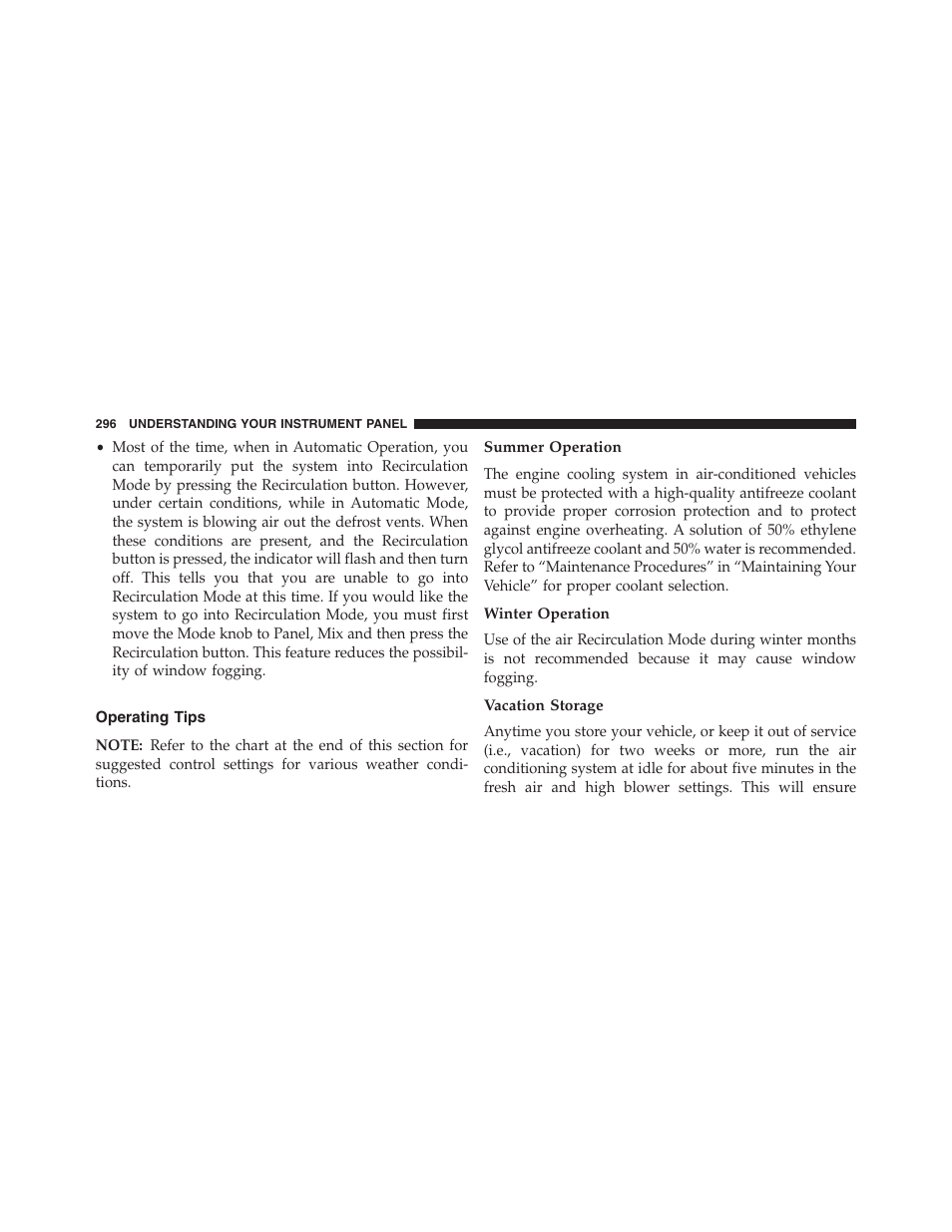 Operating tips, Summer operation, Winter operation | Vacation storage | Chrysler 2013 200 Convertible - Owner Manual User Manual | Page 298 / 519