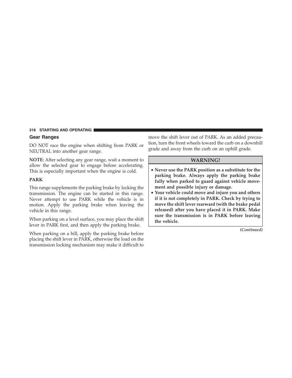 Gear ranges, Park | Chrysler 2013 200 Convertible - Owner Manual User Manual | Page 318 / 519