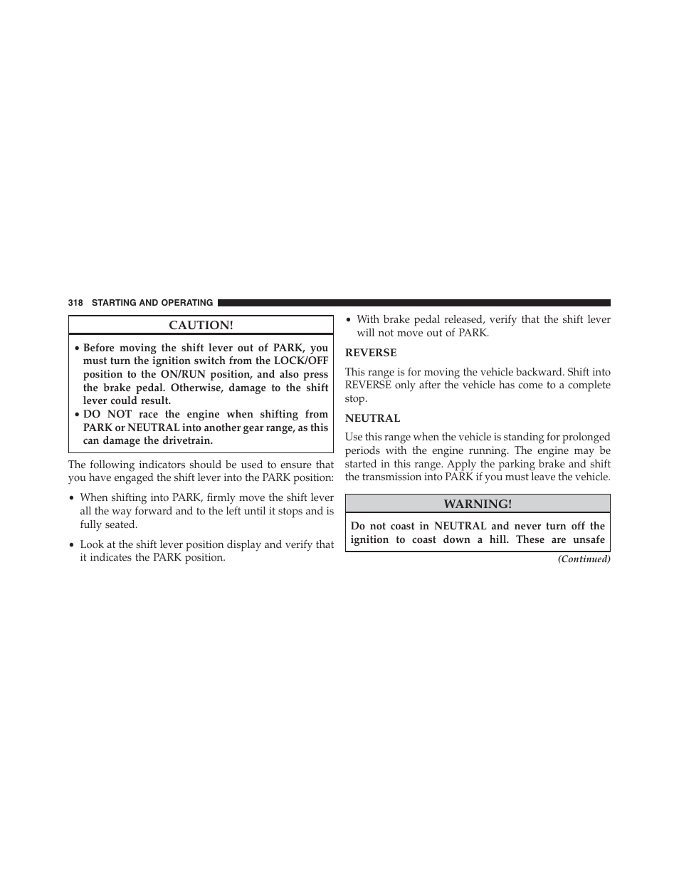 Reverse, Neutral | Chrysler 2013 200 Convertible - Owner Manual User Manual | Page 320 / 519