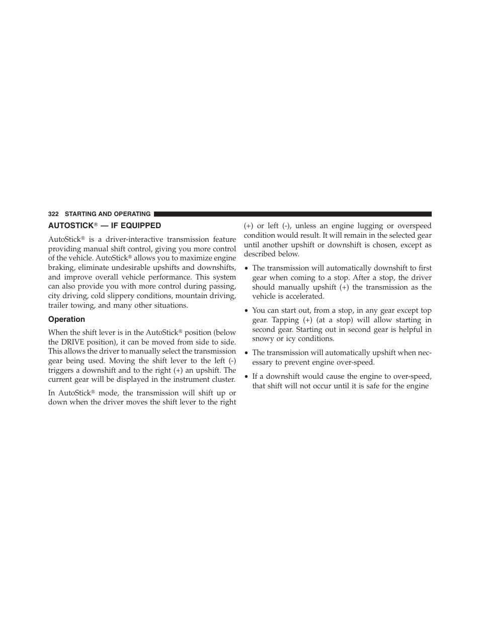 Autostick — if equipped, Operation, Autostick௡ — if equipped | Chrysler 2013 200 Convertible - Owner Manual User Manual | Page 324 / 519