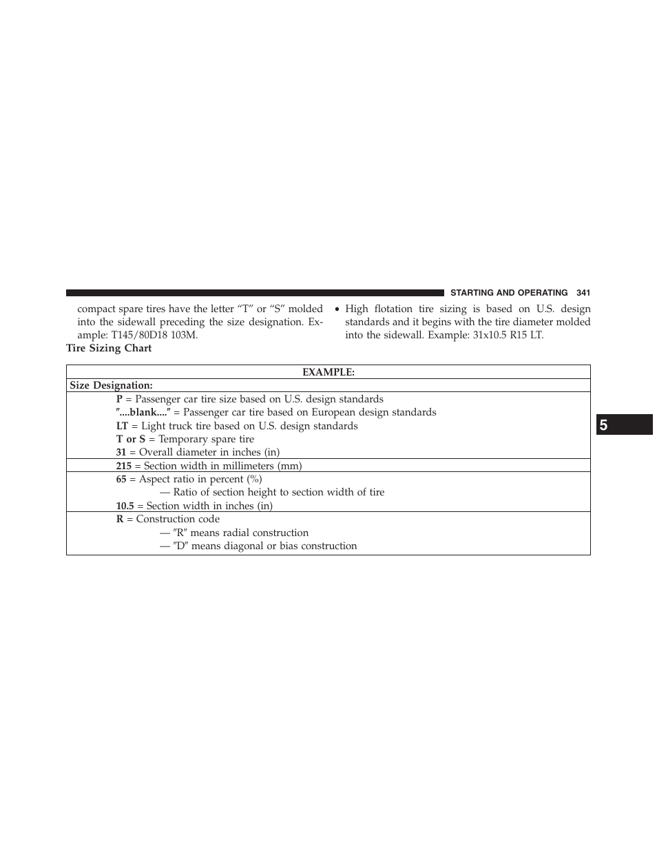 Tire sizing chart | Chrysler 2013 200 Convertible - Owner Manual User Manual | Page 343 / 519