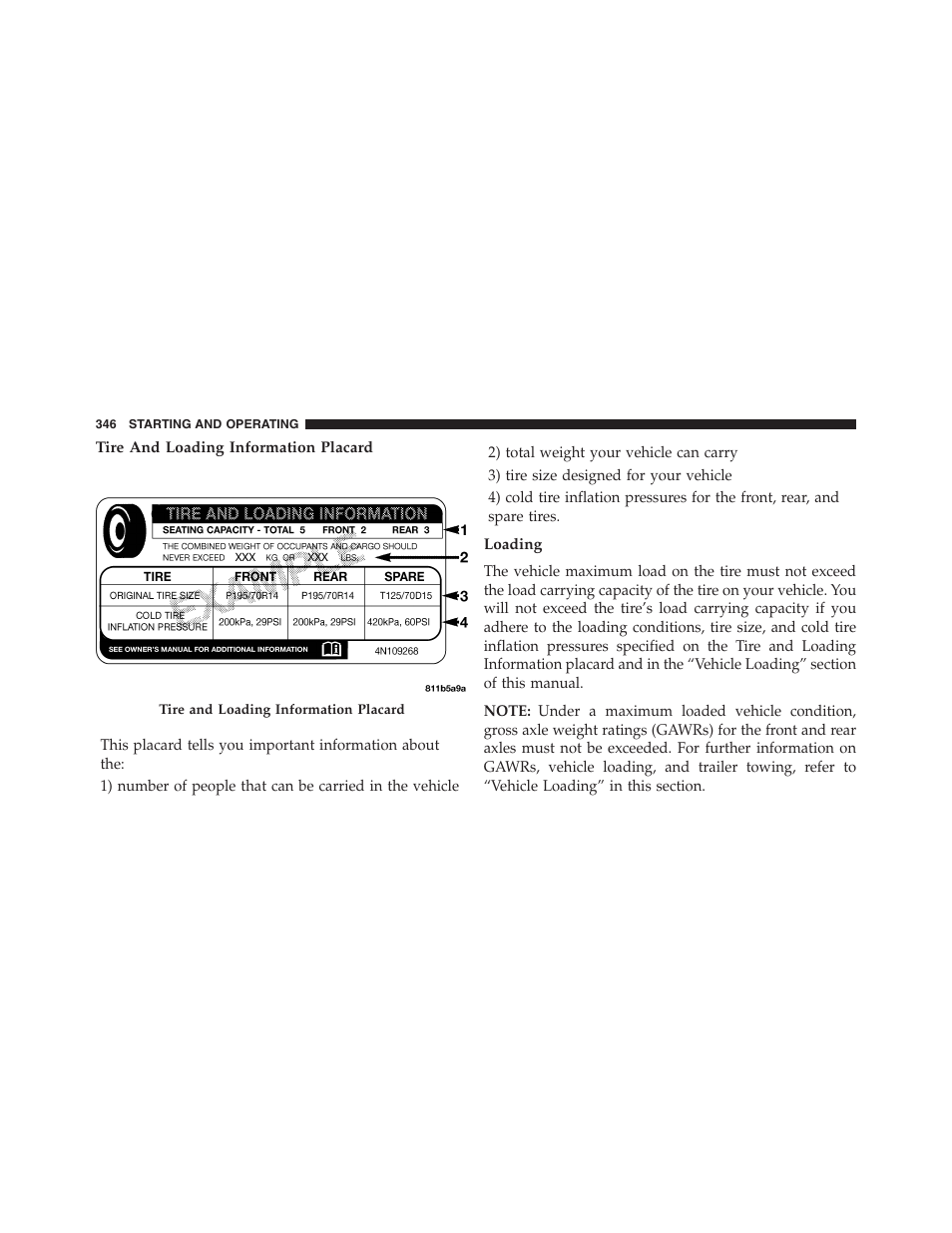 Tire and loading information placard, Loading | Chrysler 2013 200 Convertible - Owner Manual User Manual | Page 348 / 519