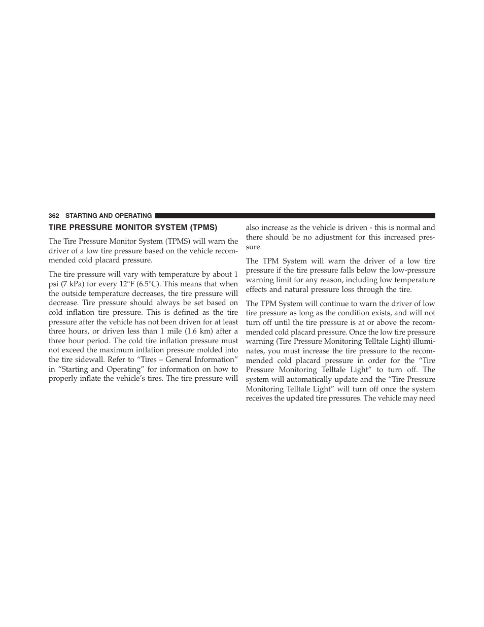 Tire pressure monitor system (tpms) | Chrysler 2013 200 Convertible - Owner Manual User Manual | Page 364 / 519