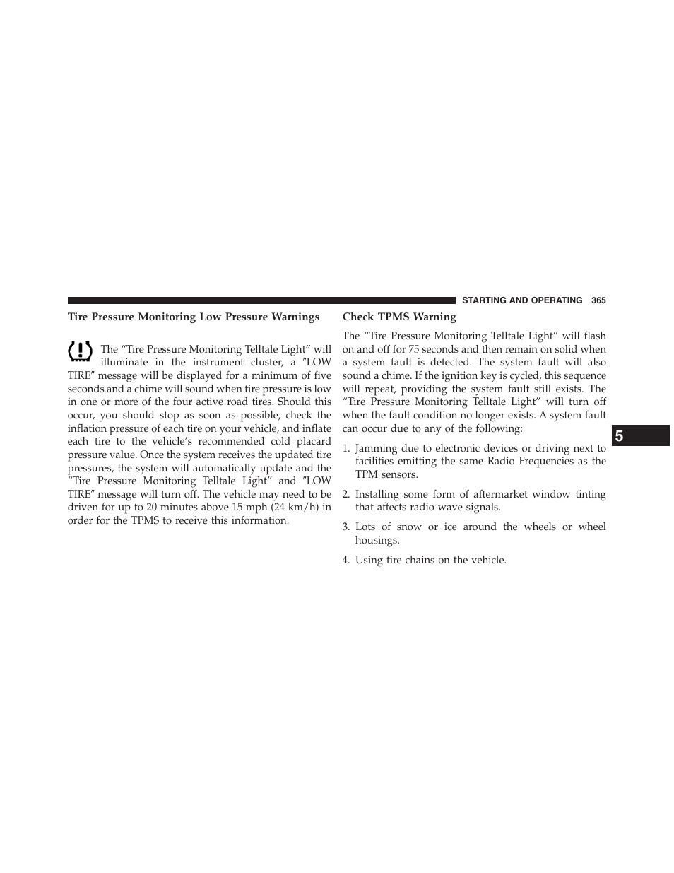 Tire pressure monitoring low pressure warnings, Check tpms warning | Chrysler 2013 200 Convertible - Owner Manual User Manual | Page 367 / 519