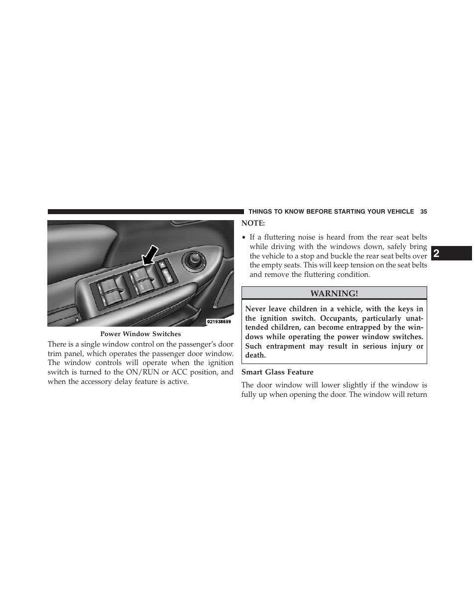 Smart glass feature | Chrysler 2013 200 Convertible - Owner Manual User Manual | Page 37 / 519