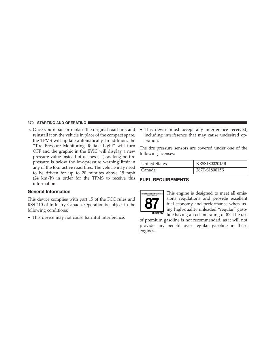 General information, Fuel requirements | Chrysler 2013 200 Convertible - Owner Manual User Manual | Page 372 / 519