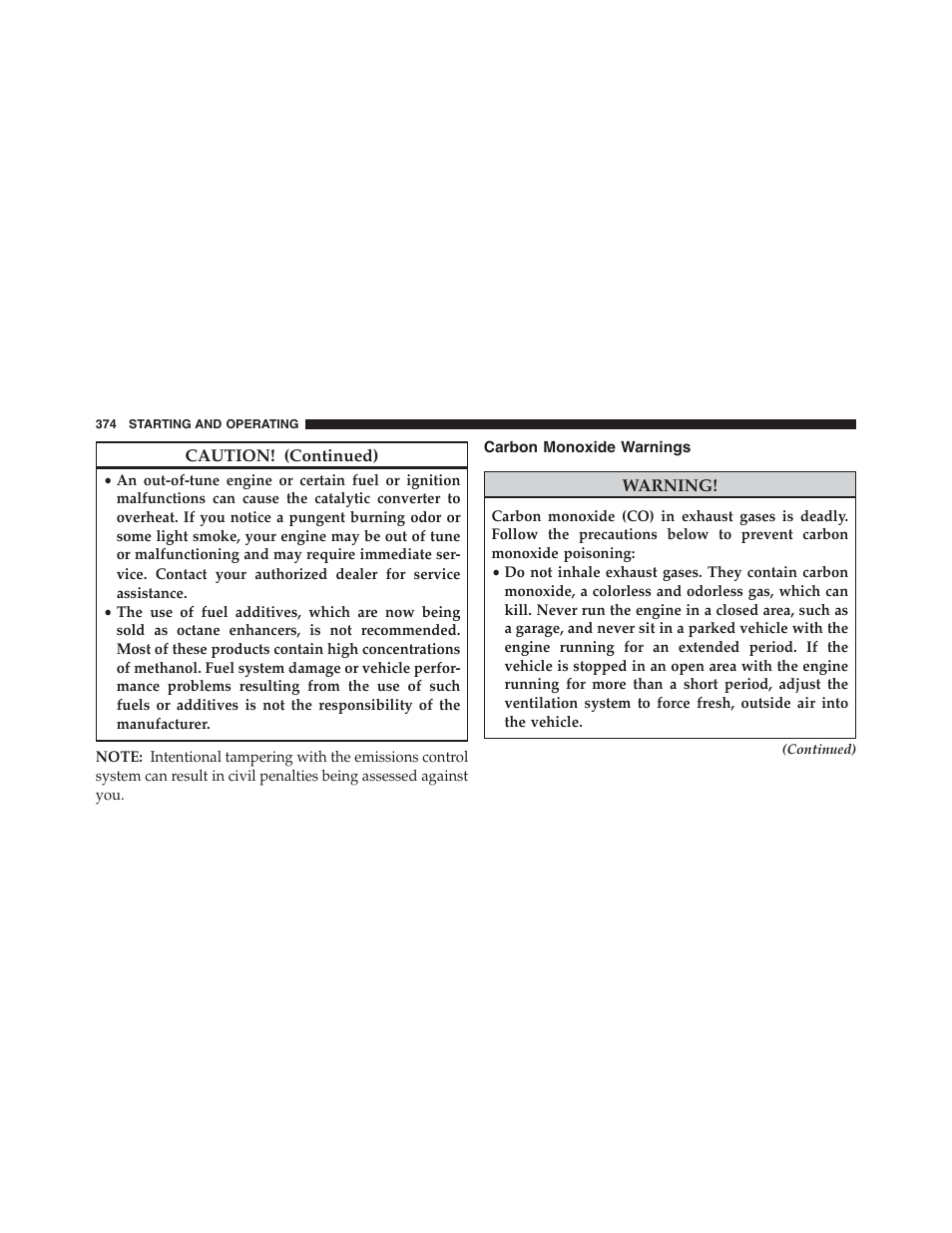 Carbon monoxide warnings | Chrysler 2013 200 Convertible - Owner Manual User Manual | Page 376 / 519