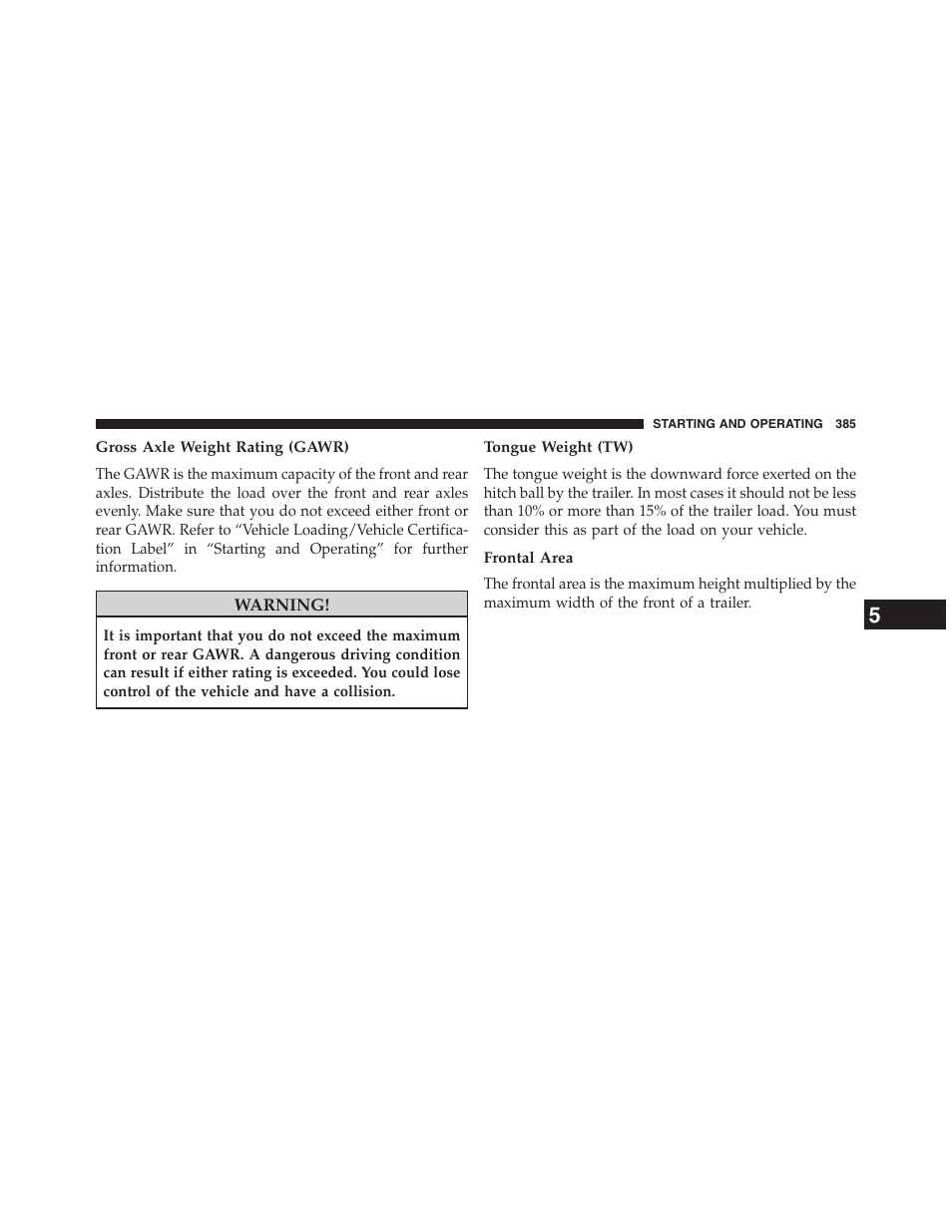 Gross axle weight rating (gawr), Tongue weight (tw), Frontal area | Chrysler 2013 200 Convertible - Owner Manual User Manual | Page 387 / 519