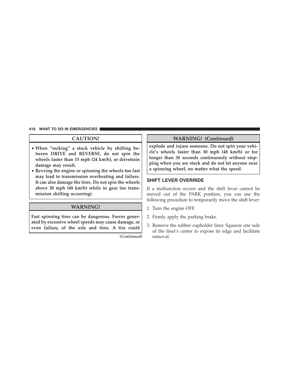 Shift lever override | Chrysler 2013 200 Convertible - Owner Manual User Manual | Page 418 / 519