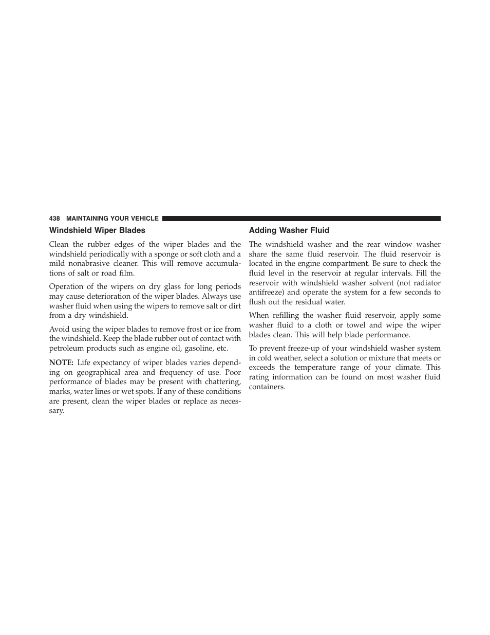 Windshield wiper blades, Adding washer fluid | Chrysler 2013 200 Convertible - Owner Manual User Manual | Page 440 / 519