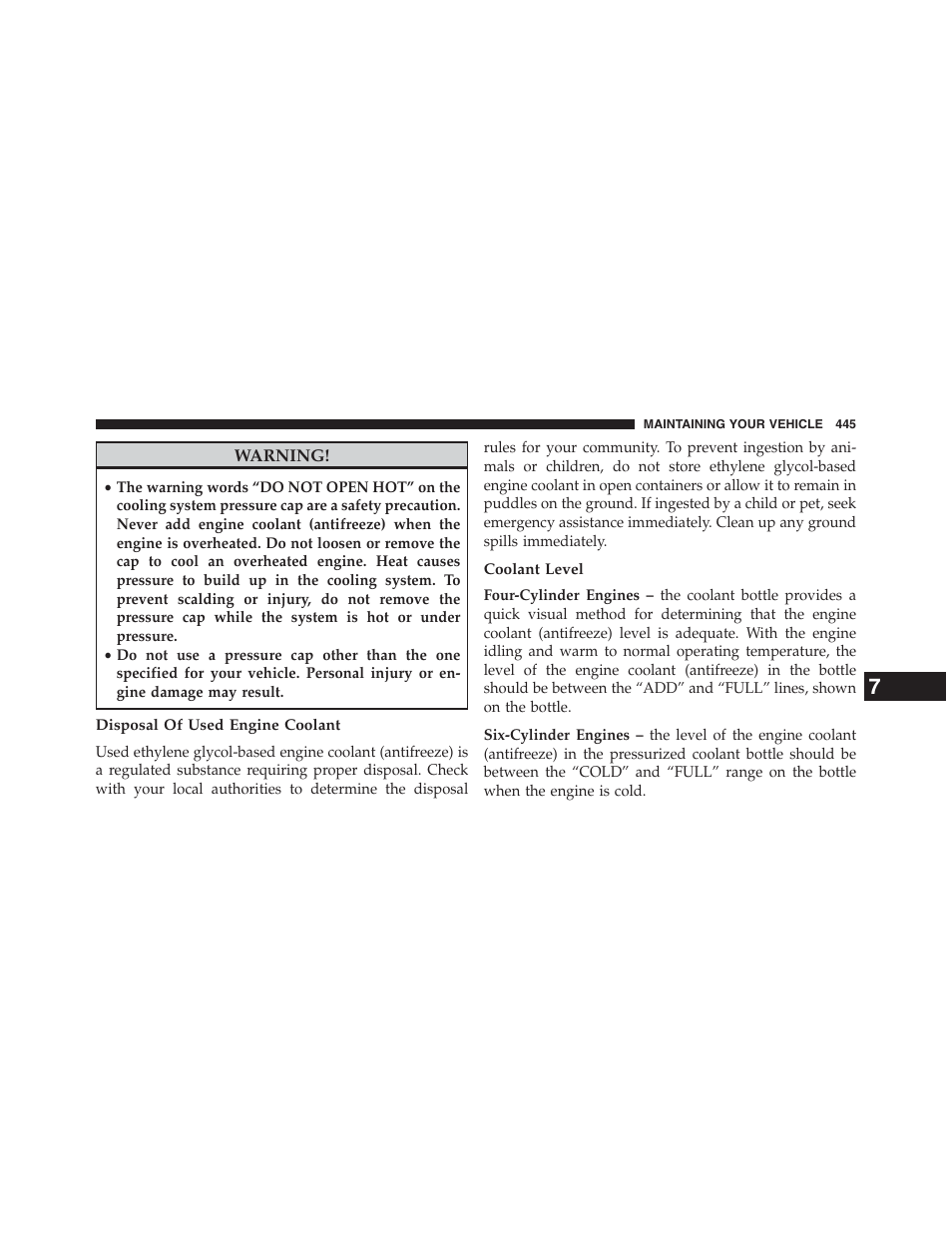 Disposal of used engine coolant, Coolant level | Chrysler 2013 200 Convertible - Owner Manual User Manual | Page 447 / 519