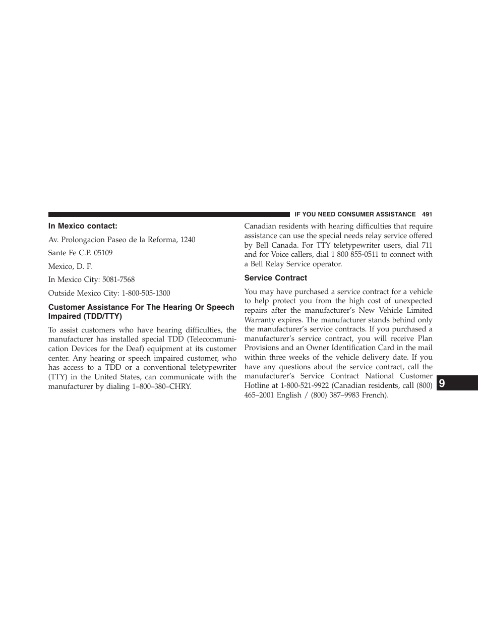 In mexico contact, Service contract, Customer assistance for the hearing or speech | Impaired (tdd/tty) | Chrysler 2013 200 Convertible - Owner Manual User Manual | Page 493 / 519