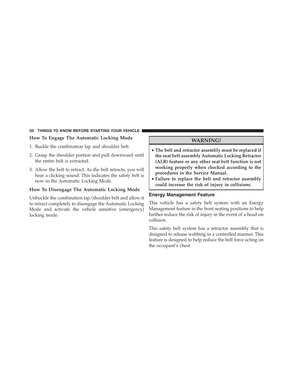 How to engage the automatic locking mode, How to disengage the automatic locking mode, Energy management feature | Chrysler 2013 200 Convertible - Owner Manual User Manual | Page 52 / 519