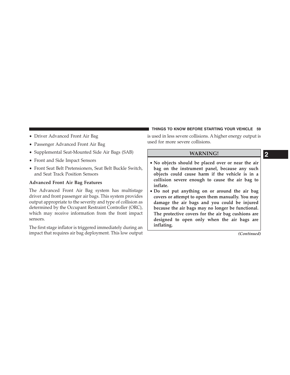 Advanced front air bag features | Chrysler 2013 200 Convertible - Owner Manual User Manual | Page 61 / 519