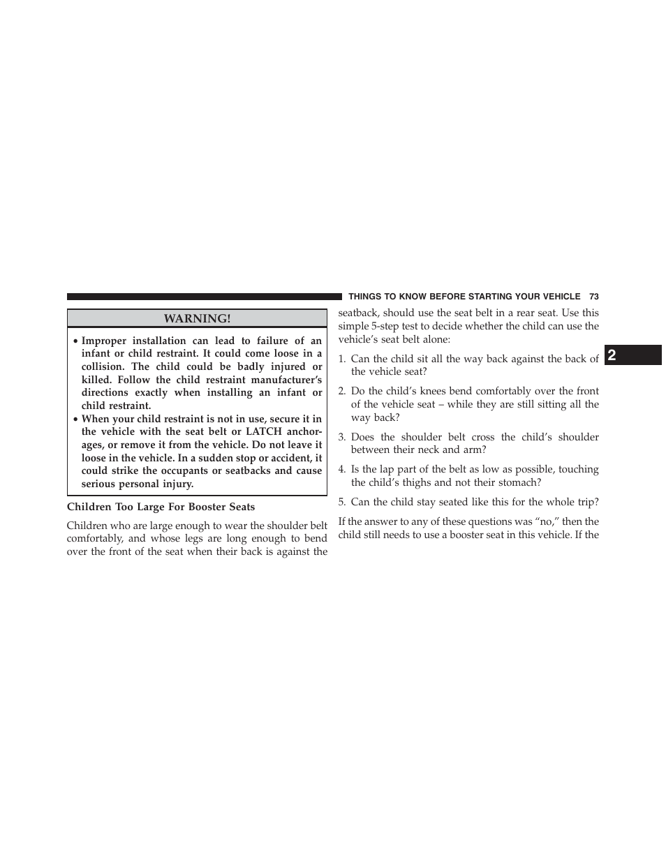 Children too large for booster seats | Chrysler 2013 200 Convertible - Owner Manual User Manual | Page 75 / 519