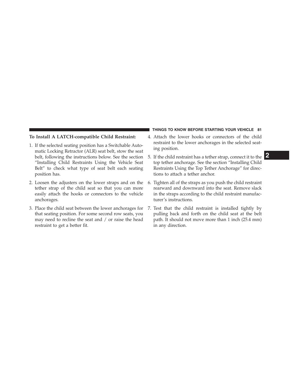 To install a latch-compatible child restraint | Chrysler 2013 200 Convertible - Owner Manual User Manual | Page 83 / 519