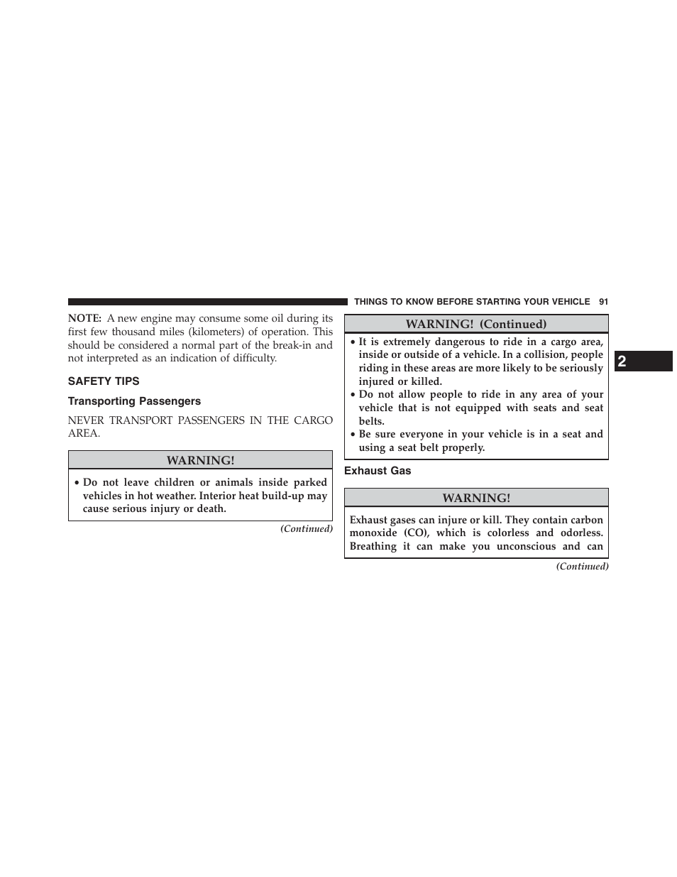 Safety tips, Transporting passengers, Exhaust gas | Chrysler 2013 200 Convertible - Owner Manual User Manual | Page 93 / 519