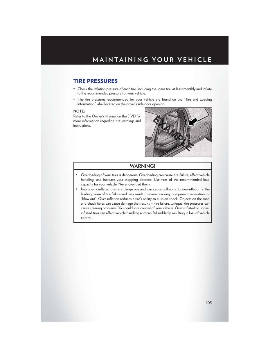 Tire pressures | Chrysler 2013 200 Convertible - User Guide User Manual | Page 105 / 116