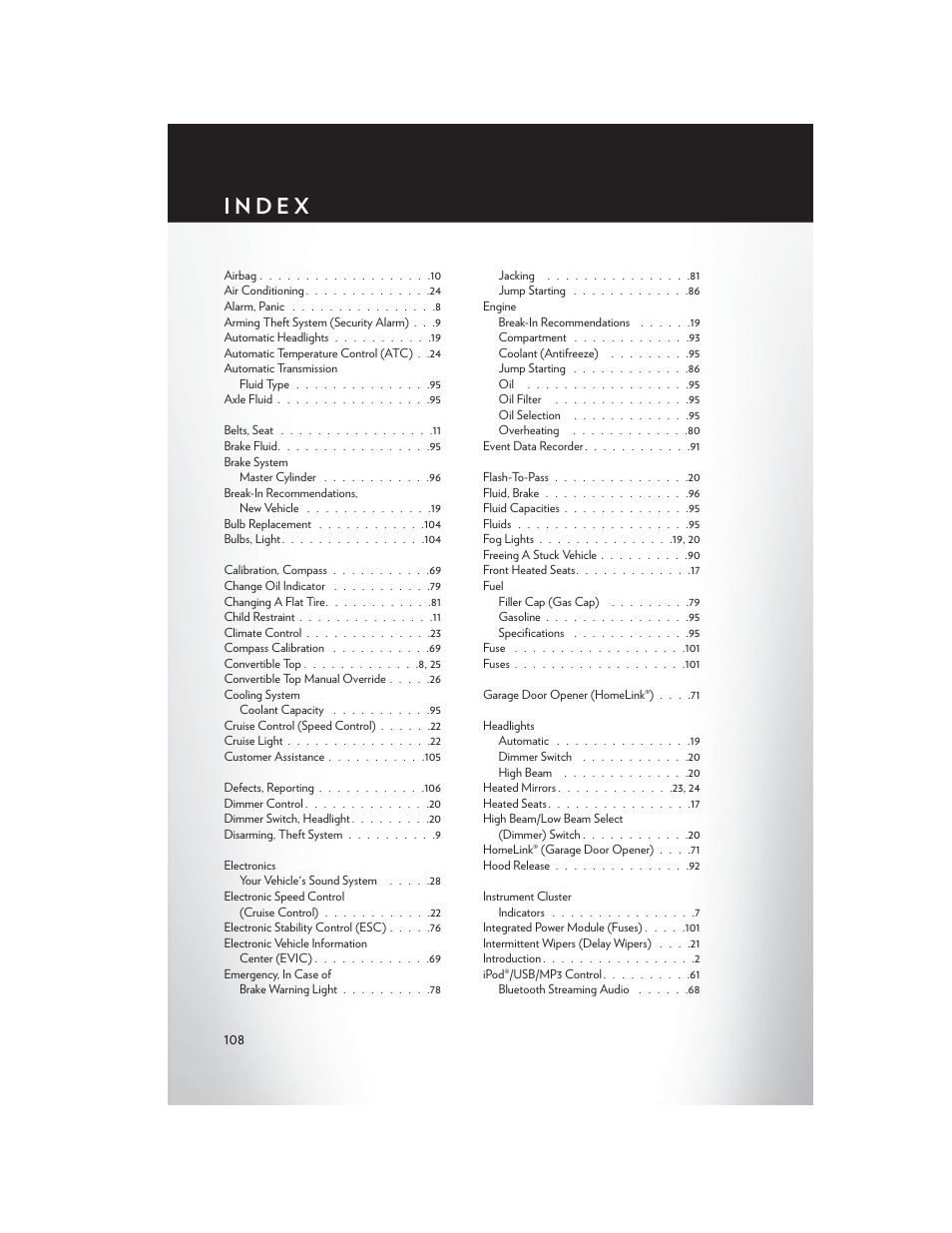 Index | Chrysler 2013 200 Convertible - User Guide User Manual | Page 110 / 116