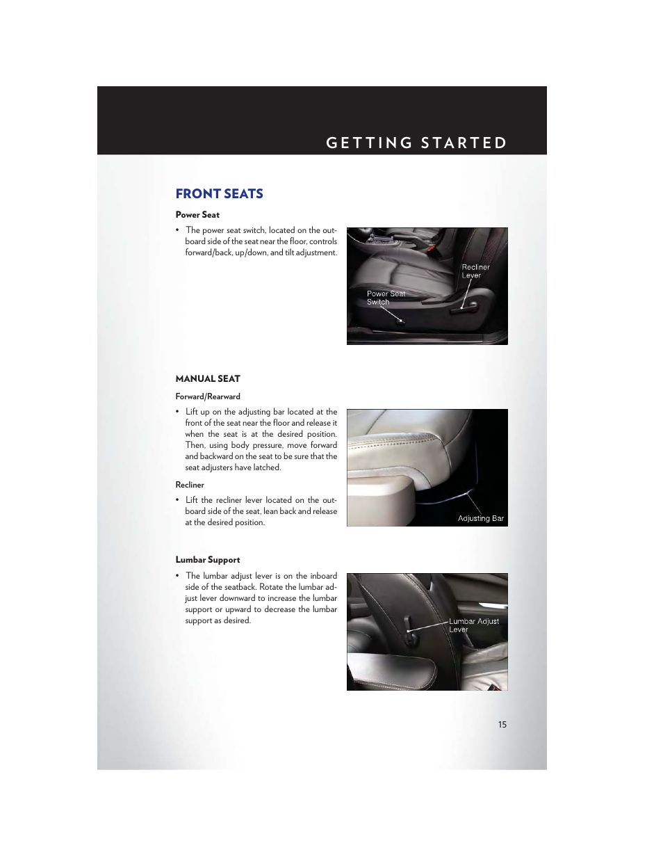 Front seats, Power seat, Manual seat | Lumbar support | Chrysler 2013 200 Convertible - User Guide User Manual | Page 17 / 116