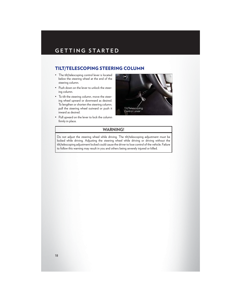 Tilt/telescoping steering column | Chrysler 2013 200 Convertible - User Guide User Manual | Page 20 / 116