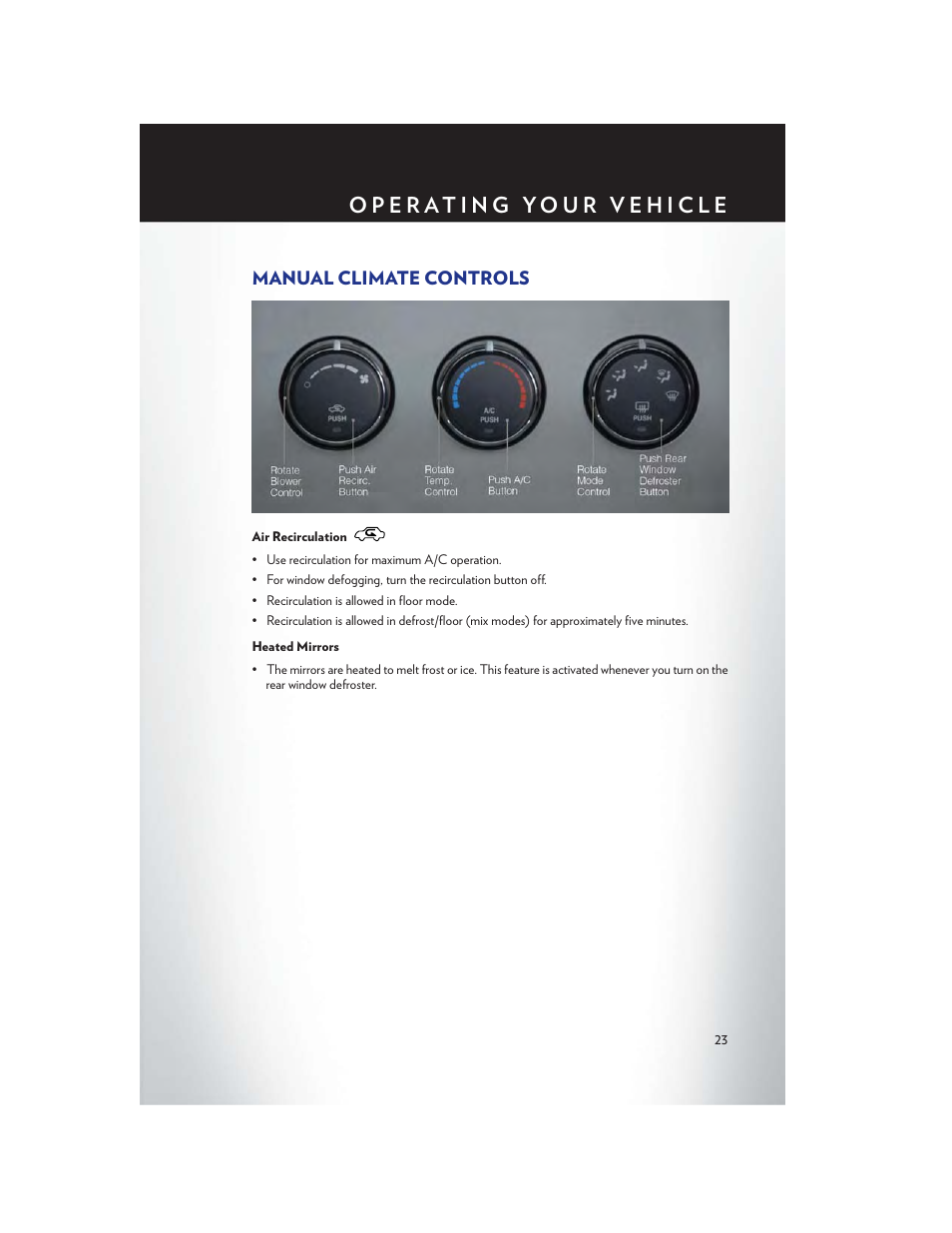 Manual climate controls, Air recirculation, Heated mirrors | Chrysler 2013 200 Convertible - User Guide User Manual | Page 25 / 116