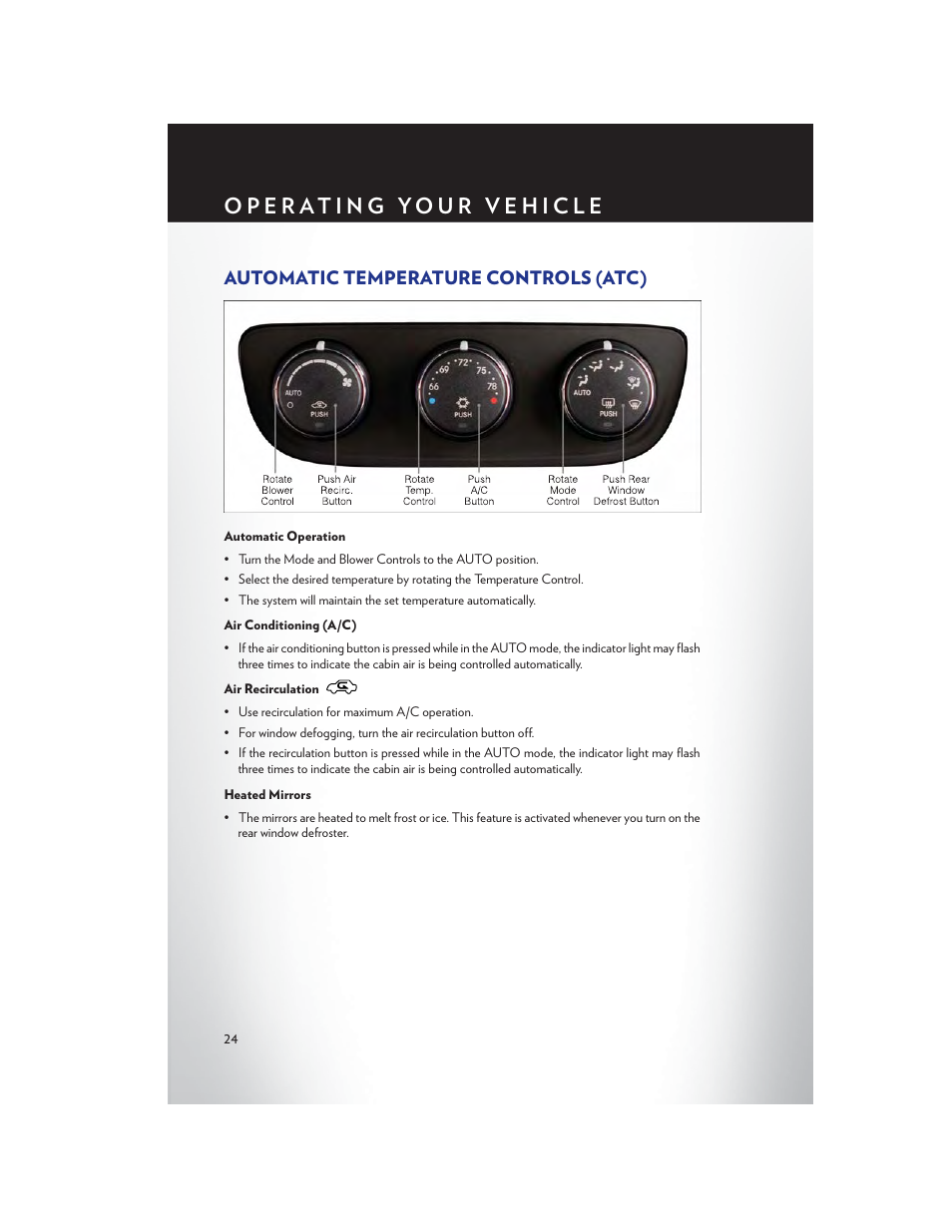 Automatic temperature controls (atc), Automatic operation, Air conditioning (a/c) | Air recirculation, Heated mirrors | Chrysler 2013 200 Convertible - User Guide User Manual | Page 26 / 116