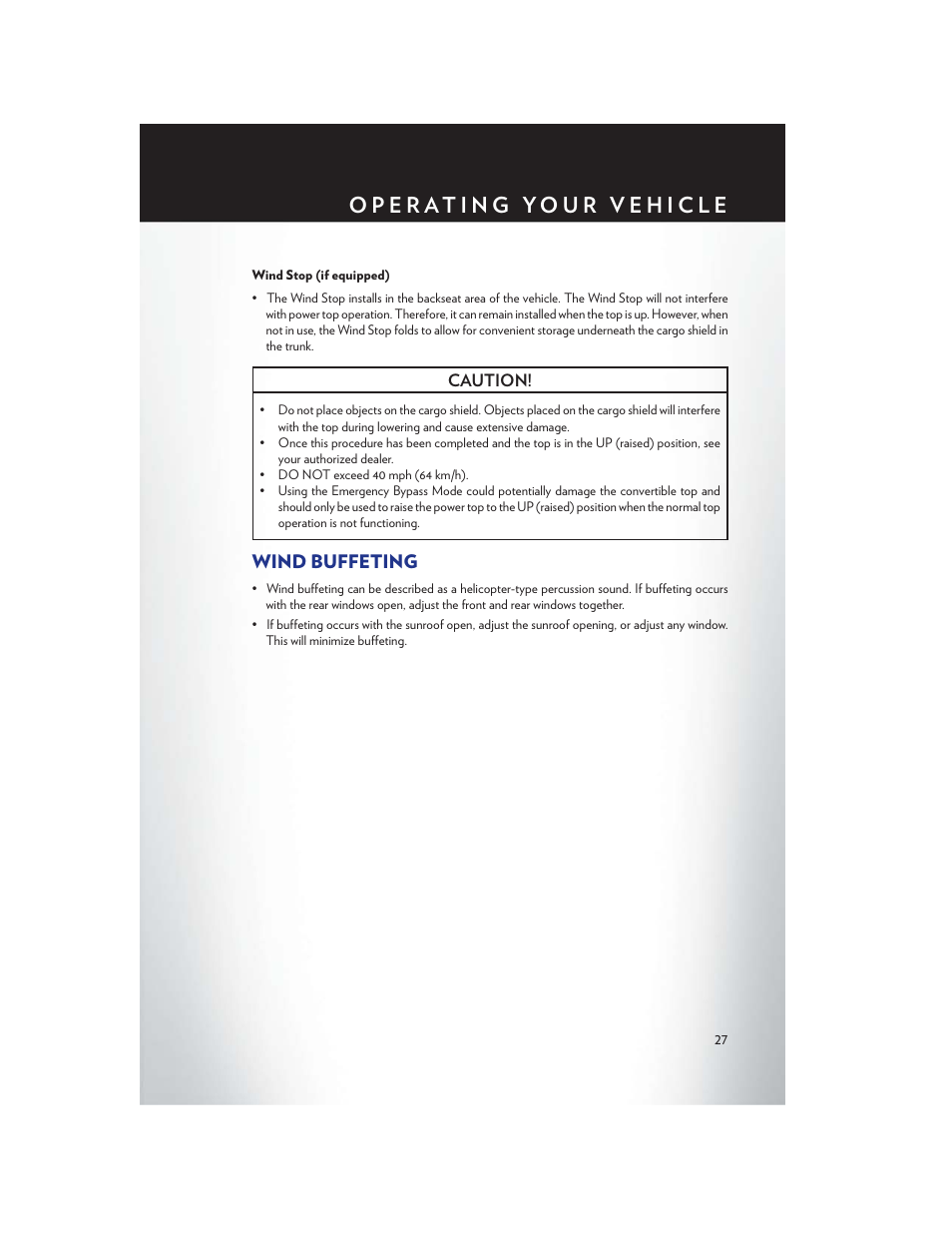 Wind stop (if equipped), Wind buffeting | Chrysler 2013 200 Convertible - User Guide User Manual | Page 29 / 116