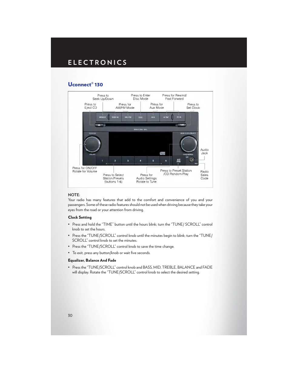 Uconnect® 130, Clock setting, Equalizer, balance and fade | Chrysler 2013 200 Convertible - User Guide User Manual | Page 32 / 116