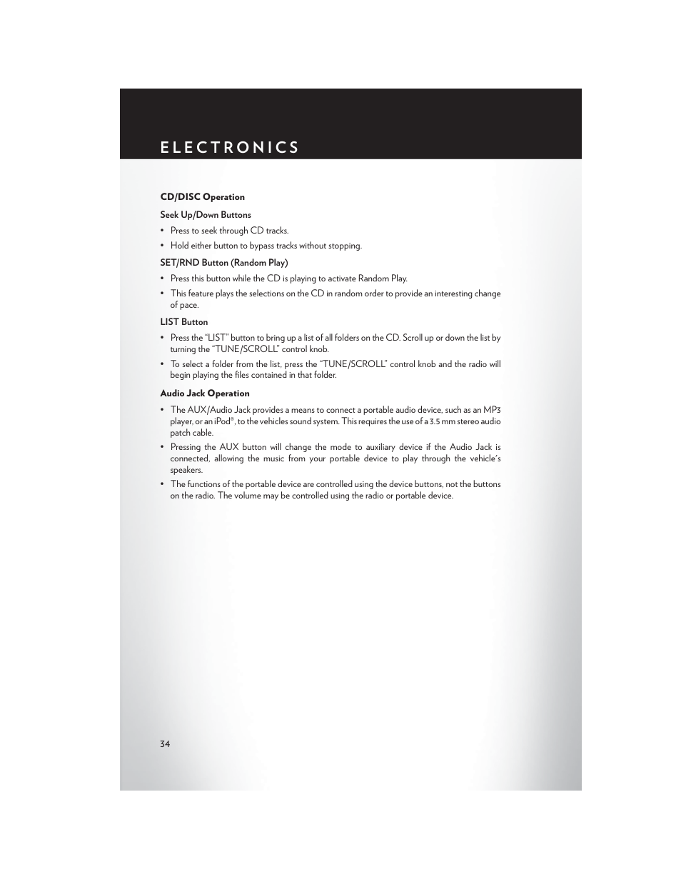 Cd/disc operation, Audio jack operation | Chrysler 2013 200 Convertible - User Guide User Manual | Page 36 / 116