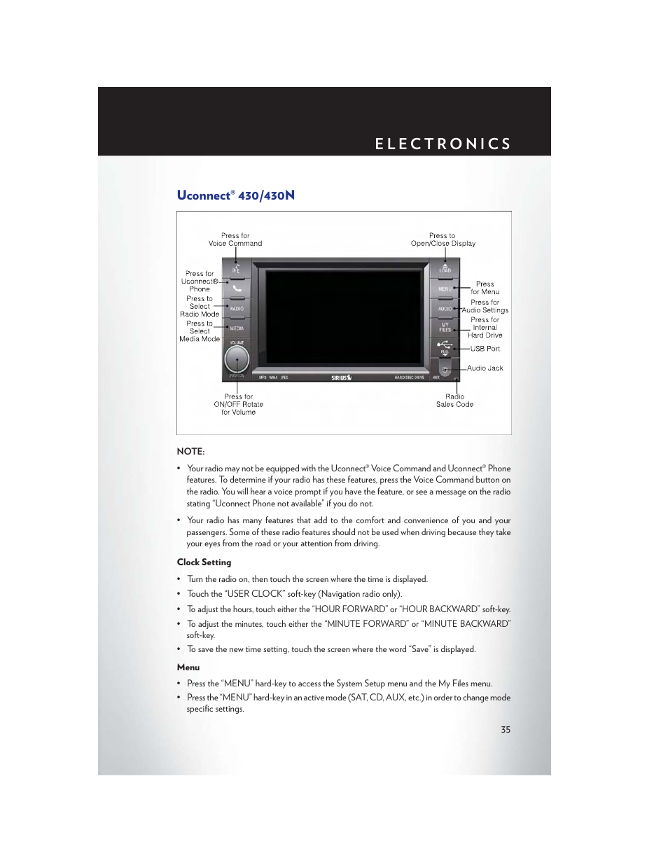 Uconnect® 430/430n, Clock setting, Menu | Chrysler 2013 200 Convertible - User Guide User Manual | Page 37 / 116