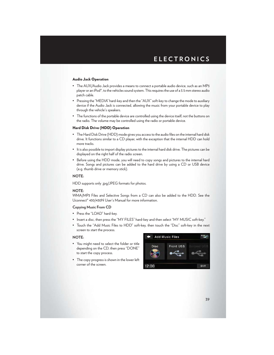 Audio jack operation, Hard disk drive (hdd) operation | Chrysler 2013 200 Convertible - User Guide User Manual | Page 41 / 116