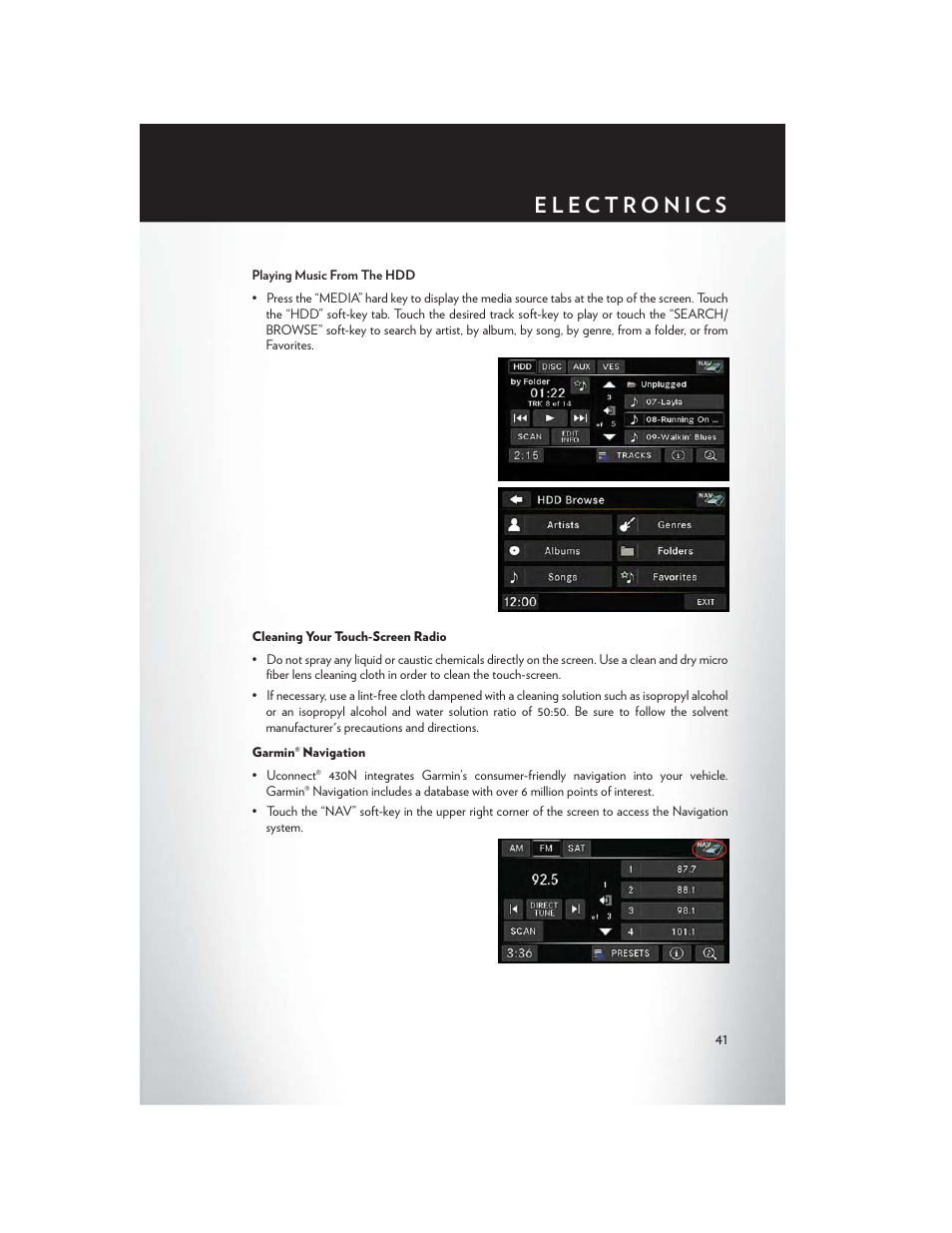 Cleaning your touch-screen radio, Garmin® navigation | Chrysler 2013 200 Convertible - User Guide User Manual | Page 43 / 116