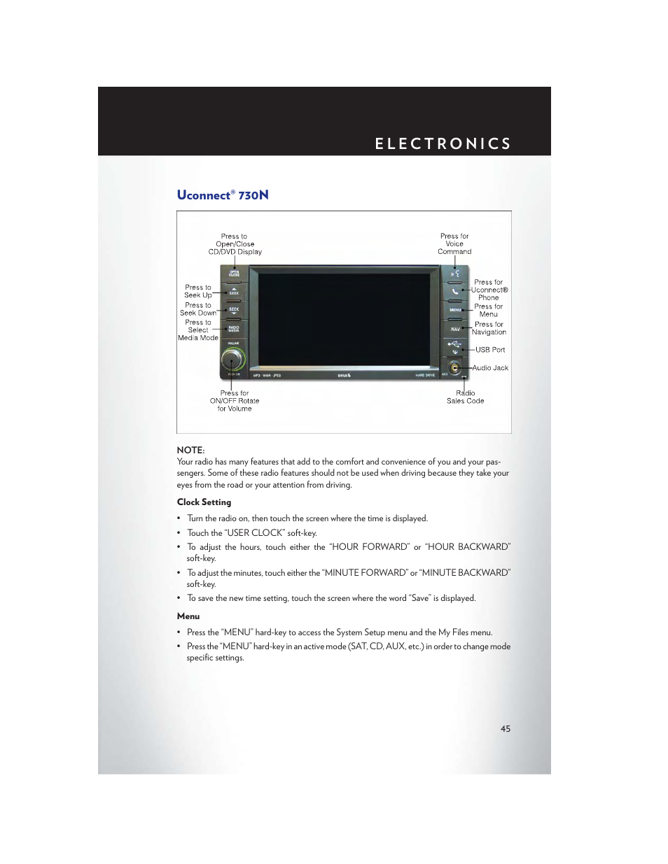 Uconnect® 730n, Clock setting, Menu | Chrysler 2013 200 Convertible - User Guide User Manual | Page 47 / 116