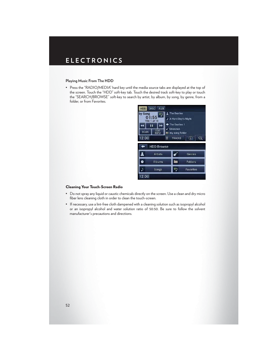 Cleaning your touch-screen radio | Chrysler 2013 200 Convertible - User Guide User Manual | Page 54 / 116