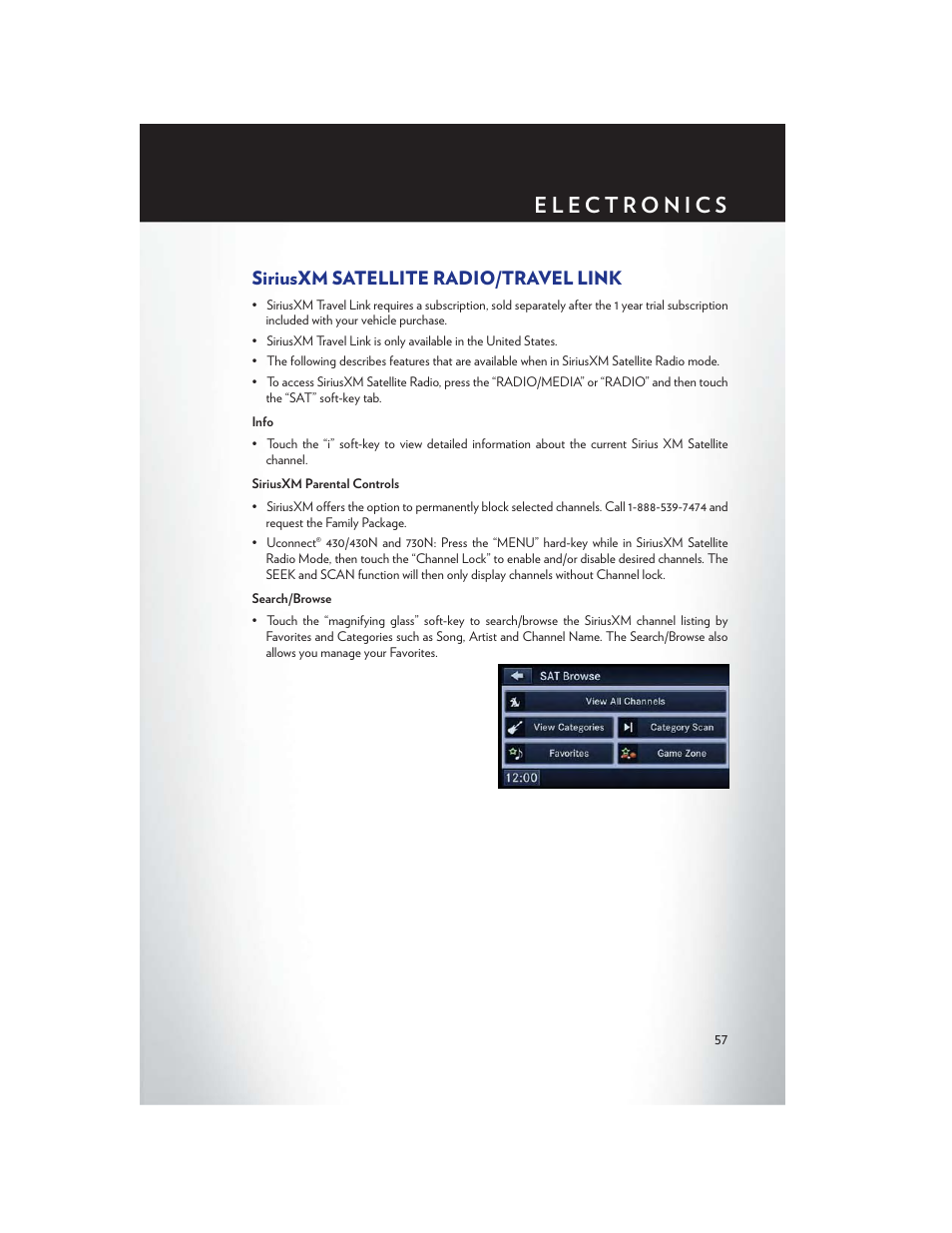 Siriusxm satellite radio/travel link | Chrysler 2013 200 Convertible - User Guide User Manual | Page 59 / 116